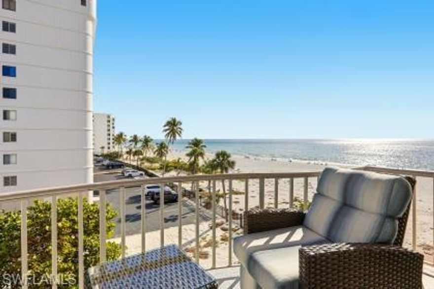 Don't miss out on this amazing opportunity to own a piece of paradise in this BEAUTIFULLY RENOVATED 2/2 1269 sq ft beachfront condo on Bonita Beach. Experience true boutique beachfront living in this exclusive 21 -residence condominium. The moment you walk in the front door you will notice the beautiful upgrades this 4th floor condo has, including the WATERFALL ISLAND and the beautiful views through the PGT impact windows and doors. This unit is in a single tower, so every room has picturesque views. The unit feels more like a home than a condo. Some of the numerous upgrades include CAMBRIA QUARTZ COUNTERTOPS throughout the unit, white and navy blue soft close shaker cabinets, Bar with wine fridge, BOSCH appliances, CORTEC flooring in living areas, Bali cellular blinds throughout, custom bedroom closets, and an UNDERBUILDING PARKING SPOT and extra-large storage locker. Fees include CABLE/INTERNET, WATER and ELECTRIC!!! Owner willing to do a 15-month LEASEBACK if buyers want. Call for a showing now