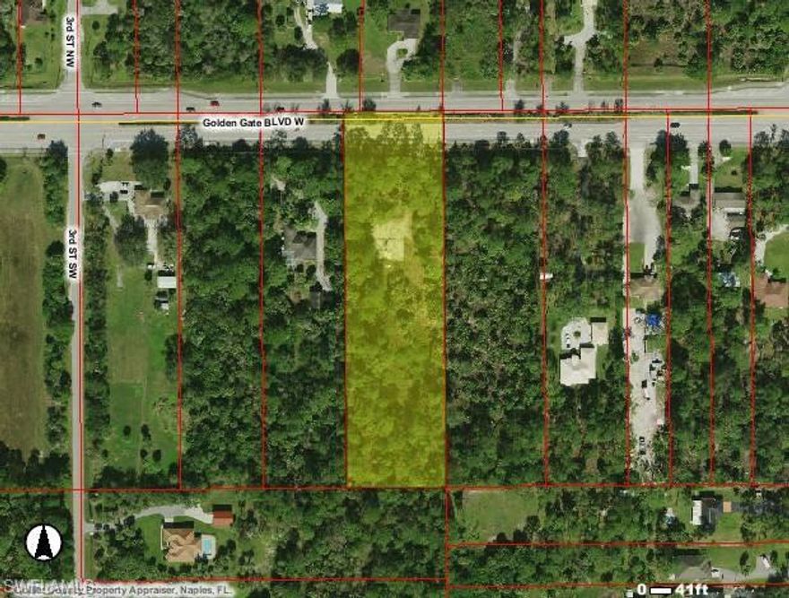 L.1810 - **ALREADY IMPROVED LOT**  SAVE MONEY ON CLEARING, FILL, ASPHALT DRIVEWAY, FOUNDATION. Build ready 2.5 acre lot in Golden Gate Estates WEST OF WILSON. This lot is already equipped with an asphalt driveway with a large parking area, cleared area for a home, fill brought in, electric has already been run to the property and a 60x40 concrete slab put down which can accommodate a 2400 sq/ft home or
outbuilding. Over $150,000 worth of improvements! Buy this lot and save yourself time and money! To locate Go East on Golden Gate Blvd pass 3rd st sw and property will be on your right about half way between 3rd and 1st. The house just to the West is 230 Golden gate Blvd.