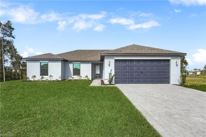 ***$25,000 PURCHASE INCENTIVES INCLUDING CLOSING COSTS!*** Move-in ready. No HOA.  Style meets functionality in this Brickell II floor plan in south Cape Coral. Three bedrooms, two full bathrooms and an extra flex room fill this new-construction home.  Included upgrades such as stainless-steel Whirlpool® kitchen appliances, quartz countertops, 42” upper cabinets with crown molding and smart-home technology make this retreat move-in ready. Other features that come with the home include paver driveway, impact resistant windows and doors, 9'4" ceiling throughout and vaulted ceiling in main area, a programmable thermostat, a Wi-Fi-enabled garage door opener, and an outlet with USB charging capability. The open kitchen, family room and adjacent covered patio provide the ideal backdrop for entertaining. With sizeable bedrooms and a master retreat featuring a walk-in closet, the Brickell plan is a beautiful home for families. The exceptional city of south Cape Coral offers residents a fantastic location with stunning conservation areas and world-class beaches.