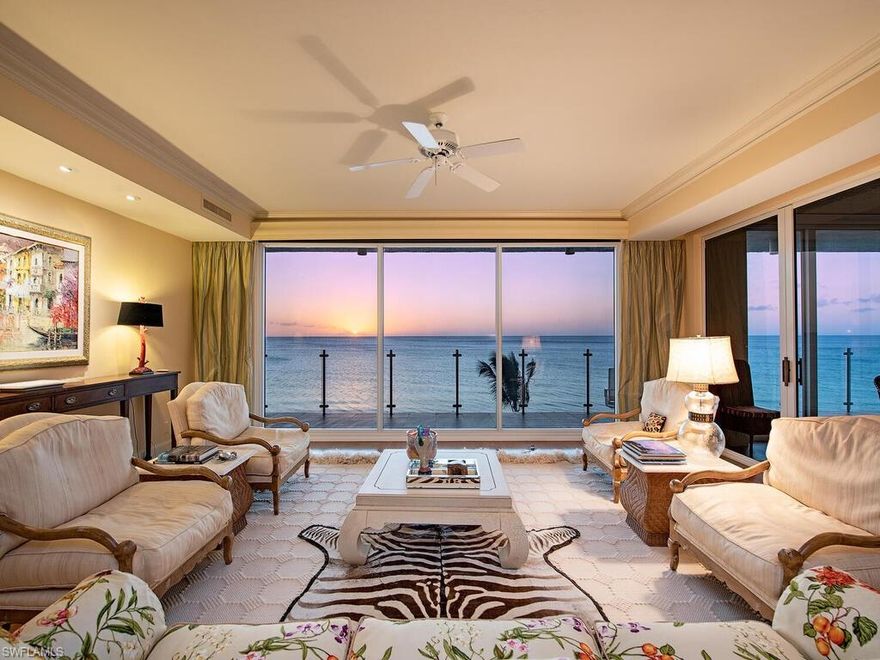 Breathtaking, panoramic views of the Gulf of Mexico and Clam Bay, located in the rarely available prestigious Seapoint at Naples Cay. Never miss a sunset from this recently remodeled 4-bedroom, 4-bathroom, private third floor oasis, offering an open floorplan, vast dramatic views, and includes a two-car garage. Seapoint is an intimate building with only 28 residences, a true luxury lifestyle boasting amenities that include an elegant community room, infinity edge pool, cutting edge fitness room, two well-appointed guest suites, and concierge management. This direct Gulf front enclave is only steps away from the beautiful white sandy beach and a private kayak launch into the bay. Naples Cay is conveniently located between Park Shore and Pelican Bay, within walking distance to Waterside Shops offering fine dining and shopping, and centrally located within Naples, with only a short drive to renowned 5th Avenue South & Mercato.