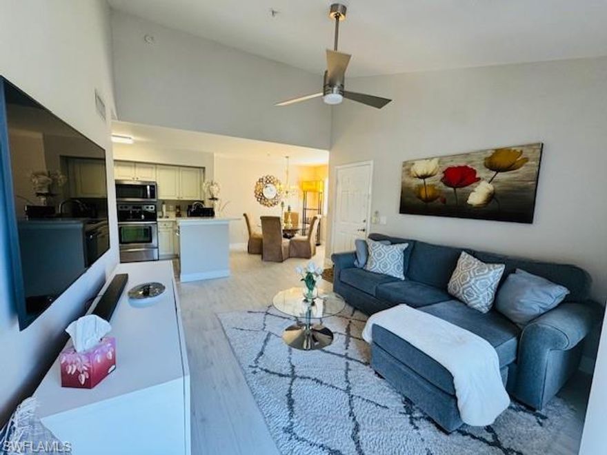 Welcome to The Enclave at Naples, a gated, amenity rich community offering resort-style living. This modern furnished, and tastefully decorated, fully remodeled one bedroom one bath condo features soaring ceilings, and an open floor plan, flooded by natural light. In the kitchen newer cabinetry, stainless-steel appliances, washer and dryer, pantry and breakfast counter. The bathroom has been upgraded with new cabinetry and tile, giving the home a fresh, clean look. A balcony to sit and sip your morning coffee or favorite evening cocktail. Located on the right corner of the building with its own private entrance. Just minutes from 5th Avenue, Naples’ beaches, dining, and shopping, this community offers a full suite of amenities, heated pool and spa, clubhouse, fitness center, billiards, indoor racquetball, tennis, and pickleball. Ideal for those seeking a comfortable annual rental with the Naples lifestyle built in.