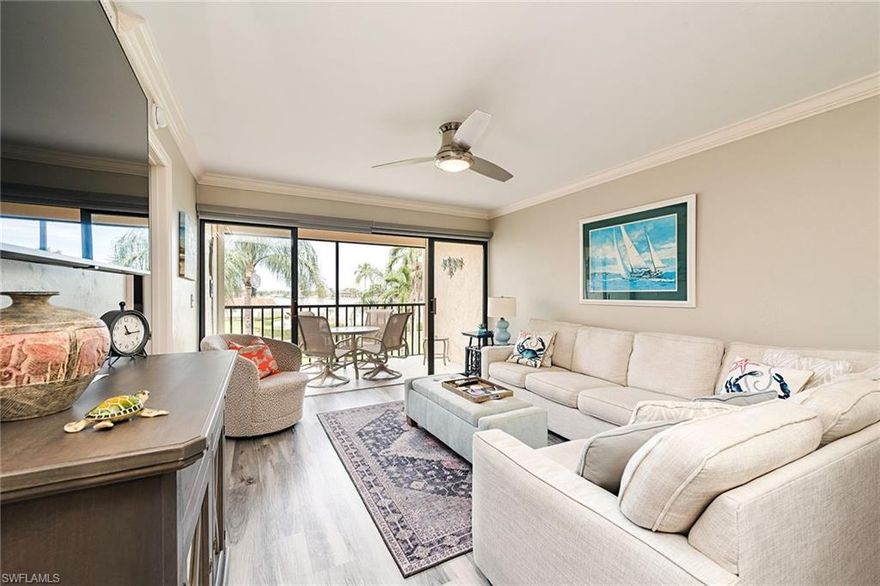 Enjoy scenic Smokehouse Bay views right from the screened lanai of this delightful two bedroom getaway.  Spend lazy days at the bay side pool surrounded by the lush landscaped grounds.  Or bring your boat and tie up at the common boat dock.  You are minutes away from The Esplanade by boat or walking.  The Esplanade features wonderful shopping, gourmet restaurants and the best hot spot in town at CJ's.   It's a short ride to the beautiful beaches, four miles of white sand, shelling, and fabulous sunsets.  

This unit was recently updated with an all new kitchen, new flooring, new blinds and new flat screen TVs.  Within the unit there is a new washer and new dryer.  Included are free Wi-Fi access and cable TV. There is covered parking to keep your car cool and out of the bright sun.  The unit is centrally located near grocery shopping, pharmacies and beach shops that will have everything you need to complete your vacation.