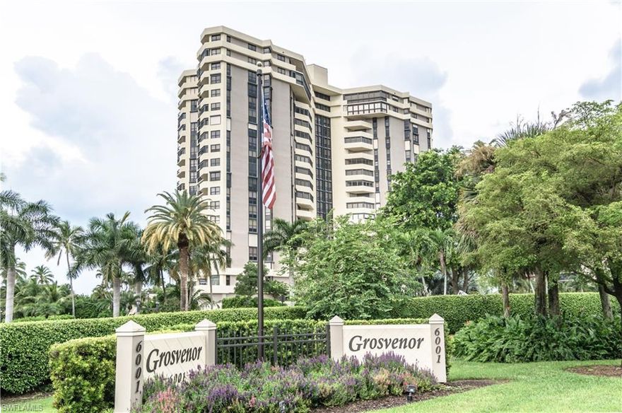 Amazing gulf and bay views with Westerly exposure providing dramatic nightly sunsets. This spacious 11th floor residence features an open floor plan with 2 bedrooms and 2 1/2 baths, expansive balcony boasting over 500 sq. feet, 2 walk in master bedroom closets, huge bedrooms and a large kitchen with gulf views from every room.  This home has has numerous upgrades, removed hallway to expand living areas, full unit water conditioning system, light toned solid wood flooring throughout, electric hurricane shutters, upgraded kitchen and fixtures.  The Grosvenor offers 24-hour security, a pool, spa, BBQ grills, guest suites, library, card room, social room, media room, fitness center and secure under-building prime parking.  Pelican Bay offers two private beach clubs with miles of white sandy beach, two restaurants, complimentary chair and umbrella service, community center with state-of-the-art fitness center, spa and 18 Har-Tru tennis courts, canoeing/kayaking, walking/biking trails.  Walking distance to Waterside shops,  restaurants and bars. Separate membership opportunities at the Club at Pelican Bay