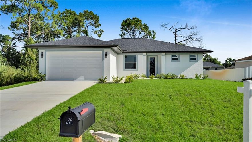 New construction featuring 3 bedrooms, a den, 2 bathrooms, and a spacious open floor plan filled with natural light. Highlights include a jumbo-sized kitchen island, white cabinetry, quartz countertops, and stainless steel appliances. The primary suite offers dual walk-in closets and a walk-in shower. Porcelain tile throughout, plus a separate indoor laundry room for added convenience. Enjoy a covered lanai, landscaped yard, and large backyard-perfect for entertaining. 2-car garage and 1-year builder warranty included. Move-in ready!