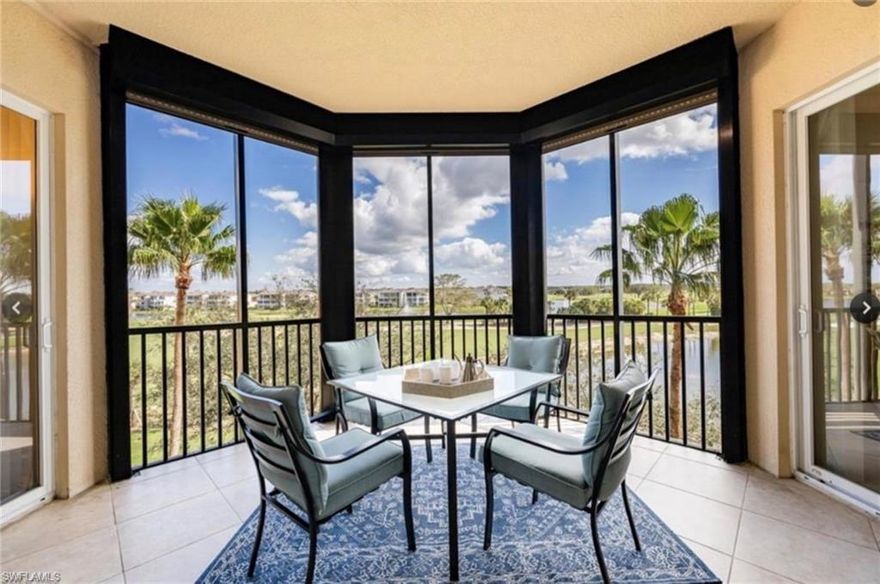 One or more photo(s) has been virtually staged, AI generated or rendered.  Resort Style Living at Its Best at Vista Pointe in Vineyards! Stunning Golf & Lake Views from this 4th Floor Residence! Two Bedroom Plus a Den, Two Full Baths. 1772 Sq Ft Under Air. Private Elevator brings you right to your own foyer. Great room floor plan with eastern exposure. One deeded parking space under the building. Turnkey Furnished. Many Upgrades! Custom Cabinetry and Granite Counters. Large Neutral Tile on the Diagonal in the main living areas. Tray ceilings with crown moldings. Hurricane protection and impact glass. Easy Maintenance Free Lifestyle Steeped in Luxury! Resort Style Pool with Cascading Waterfalls, Beautifully Appointed Community Clubhouse complete with caterer’s kitchen, fitness room, library and picnic area. Located next to the Vineyards Country Club which offers 2 levels of optional Private Membership complete with 36 holes of Championship Golf (Golf Course renovation to be completed with NO assessments to members), 12 Har-Tru Tennis Courts, Pickleball & Bocce. New Wellness & Spa Facility with Fitness Center, Café, Halotherapy Salt Room, Massage and Salon Services, Saltwater Lap Pool. PROFESSIONAL PHOTOS SOON