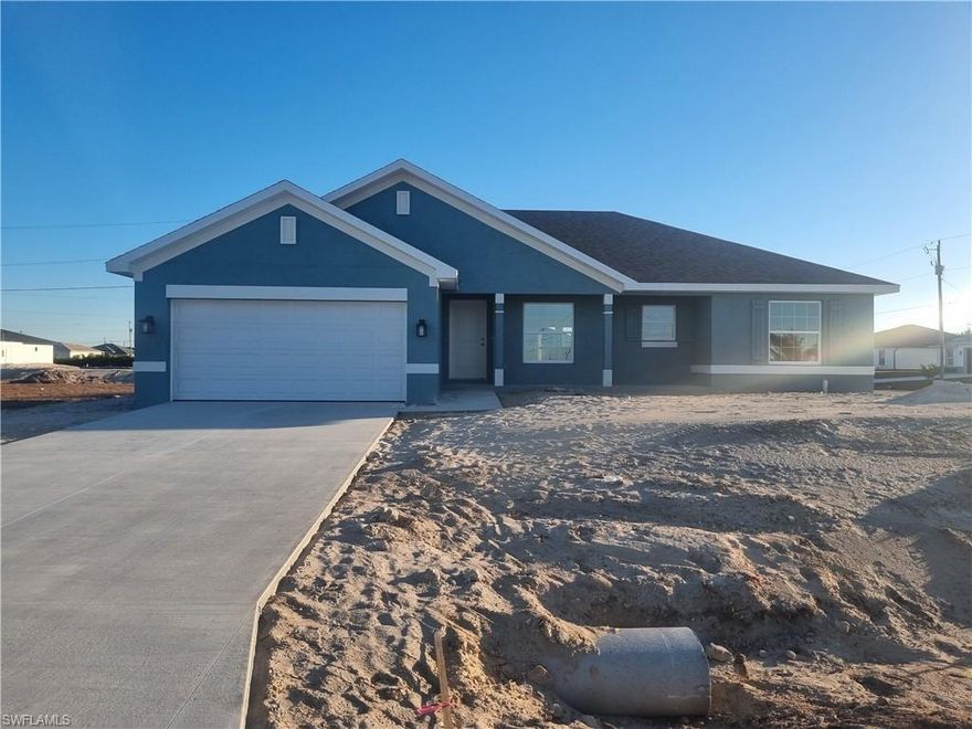 New Construction - Modern Living in NW Cape Coral
Stunning New Construction – Ready for Move-In!
Discover the perfect blend of style and functionality in this beautiful, newly constructed 3-bedroom, 2-bathroom home located in the highly sought-after NW
Cape Coral area. Designed with modern living in mind, this residence offers a seamless flow and high-quality finishes throughout.
Interior Highlights:
Open Living Concept: The main living areas feature durable, easy-to-maintain tile flooring, providing a sleek look and a cool atmosphere.
Cozy Bedrooms: Retreat to spacious bedrooms finished with plush new carpeting for ultimate comfort.

Elegant Kitchen & Baths: Both the kitchen and bathrooms are outfitted with gorgeous granite countertops, offering a sophisticated touch to your daily routine.

Indoor-Outdoor Flow: Elegant French doors lead you from the living space directly to your private lanai, perfect for morning coffee or evening relaxation.

Exterior & Mechanicals:
Lush Curb Appeal: Enjoy a fresh "new grass" landscaping package, kept vibrant year-round by a digital sprinkler system.

This home represents a fantastic opportunity to own new construction in a quiet, growing neighborhood. Schedule your private showing today and experience the Florida lifestyle at its finest!