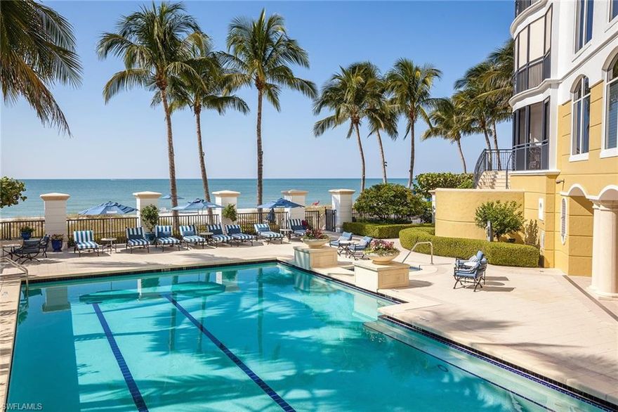 Sophisticated and spectacular! A beachfront address with the amenities of a 5-star hotel. This is a rare opportunity to acquire one of Naples’ most sought after residences at Sancerre. A one-of-a-kind beach house feel with sounds of swaying palm trees, direct Gulf views and mere steps to the white sugar sand. Exceptional floor-plan with elevator access opening directly onto a decorative foyer that leads to a grand salon featuring a gas fireplace, stone floors and molding details throughout. A true chef’s kitchen with custom white cabinetry, gas cooking and breakfast room. Expansive master suite with morning bar, dual closets and direct access to a sea-side terrace. Three incredible guest suites, each with private baths, walk-in closets and one with a kitchenette; perfect for long stays or live-in help. Easy access to the amenities level featuring designer decorated guest suites, social room with complimentary refreshments, private massage room and a workout area with direct water views. Residents of Sancerre enjoy a thoughtfully designed array of concierge services from traditional everyday to the most customized experiences.