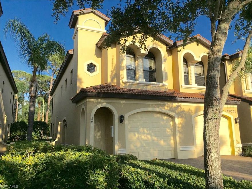 Carriage Coach Home in a very desirable location in Serrano.This rarely available End unit offers 4 bedrooms, 2 baths, and a 1 car attached garage. Plantation shutters in the main areas and the master bedroom, 18" tile throughout on the diagonal, impact glass windows and sliding doors. Wood floor in kitchen area with 42" cabinets, granite countertops, and stainless steel appliances including a new dishwasher. Tiled lanai floor with a private preserve view. This community is centrally located to Bonita Beach, Coconut Pointe Mall, Promenade Shops, Miromar Lakes,  Mercato, and SWFL airport. Serrano includes a boat launch area with direct access to the Imperial River, kayak and paddleboard storage, picknick area, and a gazebo with a BBQ area.