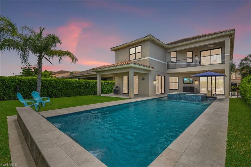 Stunning 2-story home with gorgeous preserve view! Situated on a low-traffic street, this Shiraz Model offers an elegant floor plan allowing every member of the family to have their own space & privacy-master suite & 4 guest rooms on second floor and a guest suite on the first floor (see attached floor plan). The versatile outdoor living space is perfect for you to truly enjoy the SWFL sun and features a heated saltwater pool, spa (added June 2020), spacious grass area, & 2 under truss sitting lanais (1 is plumbed for a summer kitchen). You will find luxury features throughout- volume ceilings, beautiful porcelain tile flooring, plantation shutters, designer cabinets & quartz countertops, cooktop & wall oven/microwave, custom closet systems in master suite, high-end light fixtures & fans, extra under staircase storage & bench storage in breakfast nook, solid core doors, and the back wall of family room is sliders instead of standard design for this floor plan of wall w/ windows. Riverstone is a gated community w/ guard at gate 24/7 that offers activities for every member of the family w/ resort-style amenities- pool, tennis, fitness center, pickleball, kiddie play area, & more!