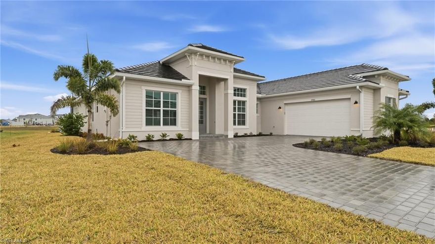 THIS POOL & GOLF HOME IS READY FOR YOU NOW!! Step into 2,799 square feet of thoughtfully designed living space, blending style and comfort at every turn. Welcome guests through the brick paver entry, then admire a stunning formal dining room just off the foyer. An open Great Room with elegant tray ceilings flows seamlessly into a chef-inspired kitchen, complete with a brand-new gas cooktop, quartz countertops and sleek stainless steel appliances. Oversized sliding glass hurricane impact doors lead to an expansive covered lanai, perfect for gatherings and relaxation. Retreat to the owner’s suite featuring a spa-like bath, while two additional bedroom suites and a versatile den provide flexibility for any lifestyle. You’ll also enjoy smart connectivity with a Ring video doorbell, Schlage smart lock and Honeywell thermostat, plus a 2-car garage with hurricane-rated door and keyless entry. Enhanced by energy-saving features, a stylish tile roof and an eco-friendly landscape package, this home offers the best in modern living. Homes this exceptional are sure to sell quickly—don’t miss your opportunity! Prices, dimensions and features may vary and are subject to change. Photos are for illustrative purposes only.