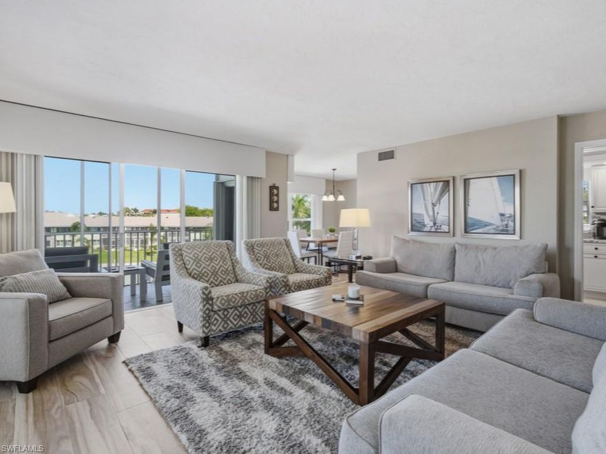 SUPER CLOSE TO THE BEACH! DOCK! 3 BEDROOMS! Beautifully maintained three-bedroom condo on the quiet end of a cul-de-sac near Marco’s desirable South Beach. Includes an assigned dock, extra storage and covered parking, plus intersecting canal views from the preferred south side of the building. The open floor plan offers wrap-around lanai access from multiple sliders, with space to dine and relax over the water. Upscale furnishings and neutral décor throughout. Updated kitchen with newer appliances, granite counters and generous storage. Approx. 1-year-old A/C and brand-new washer/dryer. All bedrooms feature plush bedding and a balcony. Recent updates include roof and exterior paint (2 years) and pool/decking/landscaping redone after Ian (no water the building from Ian). SIRS and Milestone inspections are complete, and the driveway has new pavers. Come see it and start your Marco lifestyle.