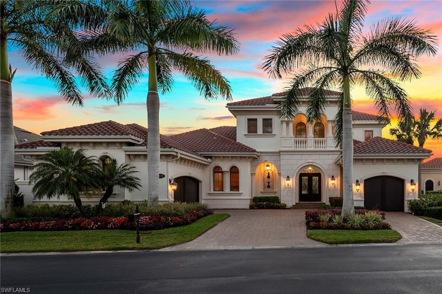 Immediately upon entering this high-quality home, built by highly regarded Stock, you’ll be impressed by the expansive golf course and lake views enjoyed from nearly every room in the house. Ideal southwestern exposure offers plentiful natural light and stunning sunsets overlooking the lush greens and water. Dramatic double-door entry, soaring ceilings, contemporary lighting and massive 35-foot sliders open the great room to the expanded screened lanai with heated saltwater pool with sun shelf, and zero-edge spa, fire pit, pool bath, super screens, picture window openings, gas fireplace, speakers, a wood ceiling on covered space and full outdoor kitchen. This spacious and comfortable luxury home features 4,238 square feet of living space including four bedrooms plus study, 4.5 baths and three garage spaces with epoxy floors. Interior features include travertine floors, plantation shutters, coffered and tray ceilings and updated, high-end ceiling fans and lighting and custom-built white wood valance and automated shades. Conveniently on the first floor is the primary suite with vaulted beam ceiling, hardwood floors, spacious walk-in closets with California-style built-ins, direct lanai access, vaulted ceiling, and a gorgeous updated en-suite bath with dual vanities, walk-in shower with quintuple shower heads, quartz countertops, modern fixtures and faucets, frameless walk-in shower, water closet and a soaker tub. On the main living level, you will also find the study with glass front doors and hardwood flooring, and a guest bedroom that doubles as a second primary suite, also with an en-suite bath and lanai access. The updated open kitchen is appointed with premium white cabinetry, new quartz countertops, large island, mirrored tile backsplash, Sub-Zero refrigerator, Wolf oven with warming drawer, Wolf stove and microwave, Blanco sink and Miele dishwasher. A beautiful hardwood stairway leads to the second level with two bedrooms, two full baths, a balcony and a second living room. Additional quality features include impact glass, tile roof, and paver driveway. Laundry room boasts ample storage and Maytag washer and dryer. In the prestigious double-gated Isla del Sol neighborhood in Fiddler’s Creek, where residents enjoy exceptional amenities including two resort-style pools with pool-side service, a magnificent 54,000-square-foot clubhouse, two restaurants, spa services, new fitness equipment, daily fitness classes, sauna, steam room, pickleball, bocce, tennis and an active year-round social calendar with something for everyone. Rare opportunity to become an immediate member of the private equity Golf Club at Fiddler’s Creek with a new golf clubhouse and exciting turf renovation. Optional beach club and marina memberships available.