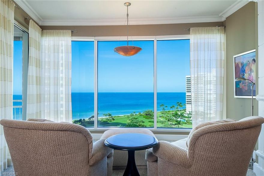 THE BEST OF THE BEST! This sensational seaside residence captures explosive Gulf, Bay and City views. Impeccably designed and architecturally enhanced, this home boasts a spacious interior featuring over 4,500 square feet providing the ambiance of a gracious lifestyle. The exceptional floor plan has a spectacular gallery upon entry, open great room with a custom wet bar, den, dining room, gourmet kitchen open to a cozy breakfast and family room. The expanded Master suite includes a sitting area with a wall of glass and stunning Gulf views. In addition, the three guest suites are all-inclusive. Two huge screened lanais with expansive views! With first-class amenities, security and a location nestled directly across from Venetian Village, enjoy fine dining and boutique shopping along the prestigious Gulf Shore!