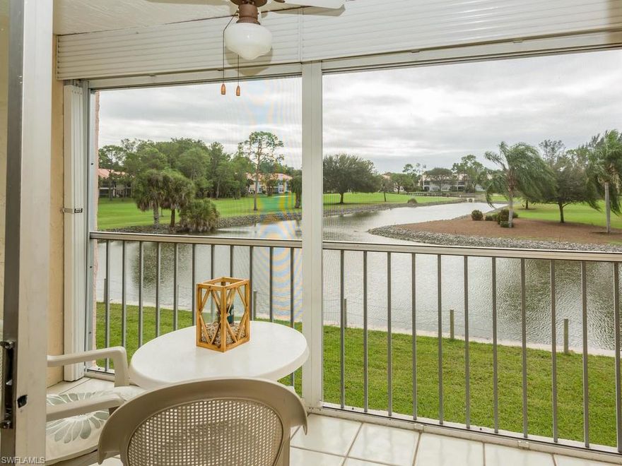 Great investment opportunity or the perfect vacation home to escape those cold winters up north! Amazing views of the lake and golf course as you enjoy the fresh air on the screened in balcony. This 2 Bedroom/ 2 Bathroom unit has been well maintained with lots of updates including kitchen with stainless steel appliances, new carpet through out, all new trim, and freshly painted!  This unit is move in ready, it comes fully furnished and decorated!   Front Doors are being replaced by Assn within the next two months (paid)  The unit comes equipped with automatic hurricane shutter.