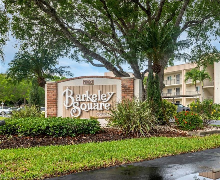 Barkeley Square is a small quaint condominium community conveniently located in South Fort Myers convenient to dining, shopping, theaters, I75 and much more.  This 2 bedroom 1 1/2 bath is being sold furnished.  Extra storage, Hurricane windows except for sliders.  Screened balcony.  Extra Storage. Plenty of guest parking.  Pet friendly with limits. Amenities include: pickleball court/tennis court, pool, exercise room, sauna.   Basic cable, water and sewer included in maintenance fee.  New roof in 2021, building was painted in 2020, and a new elevator in 2021.  This building is well maintained - no assessments.   More pictures to come.   Be sure to see this condo before making a buying decision.