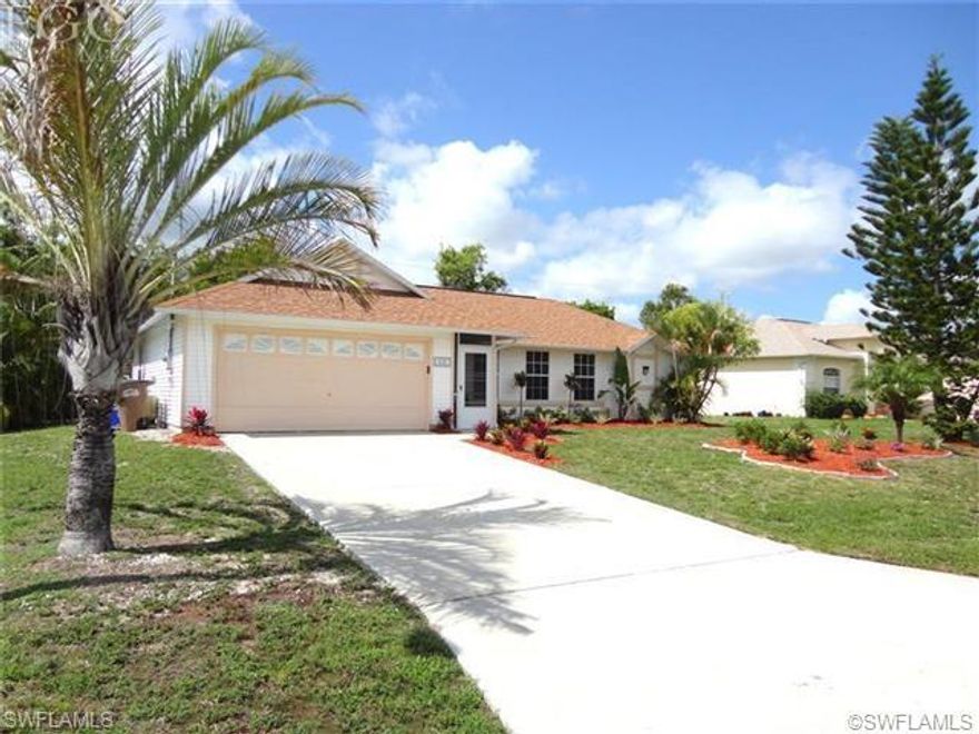 Cape Coral home For Sale - very nice neighborhood.  City water, sewer and reclaimed irrigation system in place.  Located near Veterans Parkway and Skyline Blvd. Tile floor in main living areas, laminate in bedrooms.  Master bath has dual sink vanity and a large walk in closet. Inside laundry room.  Nice back patio, screened front entrance, fenced in yard with room for a pool. Garage has shelving in place for additional storage.  Alarm system and in ground sprinkler system. Great for first time buyer or investment.  Tenant in place with lease in place until August 2014. Pets on premises.
