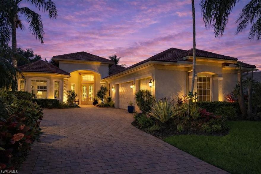 Welcome to 20194 Markward Crossing, nestled within the desirable Villa Grande enclave of Grandezza. This beautifully updated 3 bedroom + den, 3 bath residence offers a serene, low-maintenance lifestyle with picturesque lake and golf course views that capture the essence of Southwest Florida living. With a spacious 3-car garage and the option to be purchased turnkey furnished, this home presents an effortless, move-in ready opportunity. A complete kitchen remodel anchors the home, featuring modern finishes, upgraded cabinetry, a brand-new glass top range (2026), new refrigerator (2025), and microwave (2024)—perfectly designed for both everyday living and entertaining. The open, light-filled floor plan flows seamlessly into the main living areas and out to the expansive screened lanai, where a private pool and spa create the ideal setting to relax, entertain, and enjoy tranquil views and stunning sunsets. Thoughtfully maintained and enhanced, the home includes a new roof with added gutters (2020), air-conditioning system (2019), water heater (2019), solar pool heater (2021), and a whole-house water filtration system (2023), along with storm protection for every window and door for added convenience and peace of mind. Residents of Grandezza enjoy access to a private championship golf course, fitness center, tennis, and a resort-style pool with poolside food and beverage service, all complemented by an active social calendar. Ideally located near shopping, dining, Hertz Arena, and Southwest Florida International Airport, this home offers both convenience and a vibrant lifestyle.
