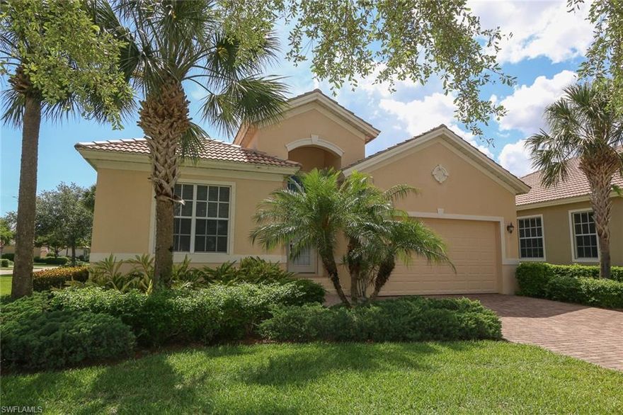 This spacious and very nicely decorated house is in "model home" condition. This beautiful home has been meticulously cared for as you will see and it is being offered completely TURNKEY!! High end furniture and furnishings all included! Spacious three bedrooms, three bath with a bonus den! Home sits on a nicely landscaped oversized corner lot. The home has an open floor plan with large tile on the diagonal leading to a large and private lanai (under truss). As you enter, you will notice a dramatic foyer with tall ceilings, custom paint, and beautiful tile on the diagonal, coffered ceiling, custom arches and columns.  The kitchen features 42 inch cherry wood cabinetry, Corian counter tops with an integrated sink and black matching Whirlpool appliances. Nothing to do but just move in and relax! Emerson Square is conveniently located with short drives to Gulf Coast Town Center,  Coconut Point Mall, Fort Myers RSW International Airport and many beautiful beaches. Low HOA fees include year round lawn and yard maintenance, cable and a gated security guard. New AC installed November 2015! This house is a must see!