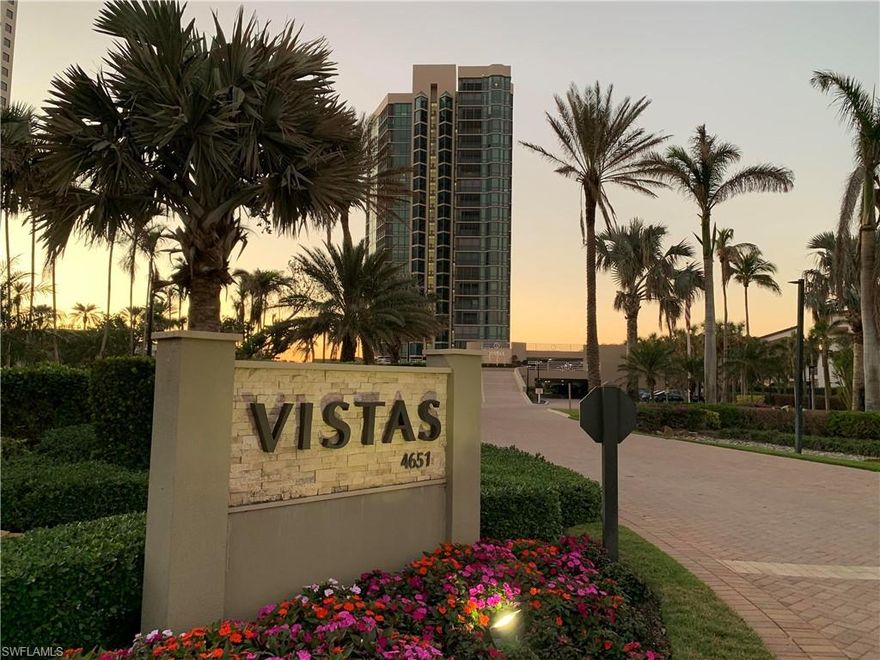 Vistas beachfront condo in Parkshore.  270 degree views of Gulf of Mexico to the North & South, view of bay to the East. One of the few three bedroom three bath condos available.  Building is beautiful and well maintained.  Marble and wood floors.  Kitchen has granite and stainless steel appliances.  Newly renovated pool & spa.  Fitness room also faces the beach, library, 24 hour security, four guest suites.  Two lanai’s with lots and lots of glass and views. 
 Vistas is only short walk to Venetian Village.