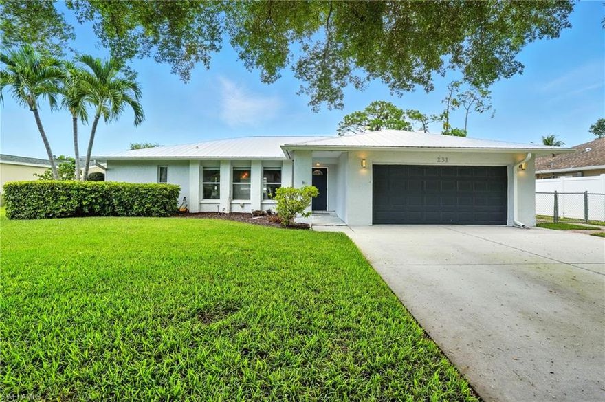 Beautifully maintained single-family pool home in Willoughby Acres,  one of North Naples’ most desirable neighborhoods with no HOA fees. This 3-bedroom, 2-bathroom residence features a split-bedroom floor plan, an attached 2-car garage, and the convenience of an indoor laundry room. The recently updated kitchen boasts classic white shaker cabinets, stainless steel appliances, and a peninsula with extra counter space and seating—perfect for entertaining! From the kitchen sink, enjoy views of the sparkling pool and lush backyard. The spacious primary suite is privately situated away from the guest bedrooms and offers a custom walk-in closet along with private access to the screened-in patio. Step outside to your own backyard oasis, complete with a pool, above-ground spa, outdoor fireplace, and storage shed. The fully fenced yard provides privacy and security—ideal for kids and pets. Notable updates include a metal roof (2018), new AC and plumbing (2022), and a newer water heater (2019). Willoughby Acres is known for its quiet streets, friendly community, and unbeatable location—just minutes from shopping, dining, Collier County parks, and the beautiful beaches of Naples.