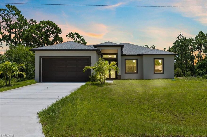 Beautiful Brand new, never lived in home in SW Lehigh Acres.   This home has plenty of space for your family with 3 bedrooms, 2 full bathrooms and a den with 2 car garage.  Open concept layout with high ceilings, quartz countertops, marble like tile flooring, stainless steel appliances in kitchen, spa like bathrooms, impact windows and doors and more!  Located near SR 82 for easy access to Fort Myers!  Call for your showing today!