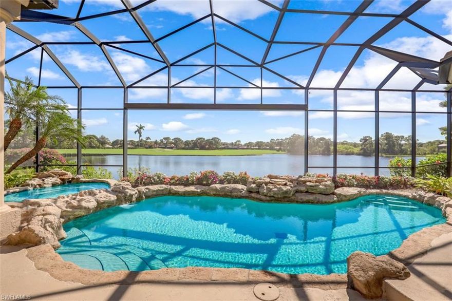 Entry to this home is through a private courtyard with water fountain feature. As you step into the foyer through the double door entry there is an amazing lake view that extends in the distance to the fairway and green of 10th hole of the Creekside course in Bonita Bay. This amazing view is part of the home - extending into the kitchen, morning & living rooms & main bedroom. This southerly facing lot arguably provides one of the best water & golf course wide water views in all of Bonita Bay. This well-maintained home is enhanced with rich interior architectural detailing & high-quality built-ins and cabinetry. The great room with 12’ ceiling opens to a recently re-screened picture window outdoor living area with free form pool & spa, and summer kitchen & gas grill. The open gourmet kitchen is fitted with quality cabinetry, Thermador wall oven, additional Kitchenaid stove/oven & refrigerator, 2 Maytag dishwashers, granite counter tops & large walk-in pantry. The feature dining
room has a wine room/wet bar with refrig & wine cooler. The owner’s bedroom suite has two built-in closets, wet bar & large separate sitting area overlooking the water view & spa/pool area. Reroofed 2015.