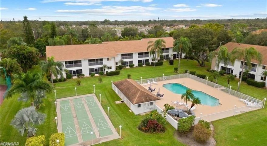 Experience the ease of Florida living in this bright first-floor unit, which is offered fully furnished. Nestled in a tranquil building and merely steps away from the community pool, this condo is ready for immediate occupancy. Inside, the residence boasts an open great room layout, fostering a bright and airy ambiance. Sliding doors lead to a screened lanai that overlooks the pool and lush landscaping, making it an ideal spot for morning meals or evening relaxation. The primary suite features a spacious walk-in closet and direct access to the lanai, while the guest bedroom and bathroom provide privacy for visiting friends and family. The kitchen offers a large, functional layout suitable for daily living. A screened entryway and covered carport enhance comfort and convenience. Situated in a peaceful 55+ community with low monthly fees of $340, which encompass exterior maintenance, roofing, landscaping, pool, and shuffleboard. Just a few minutes from Publix, shopping, dining, and major roadways. This is a fantastic opportunity to experience comfortable, low-maintenance Florida living in a friendly, well-maintained community.