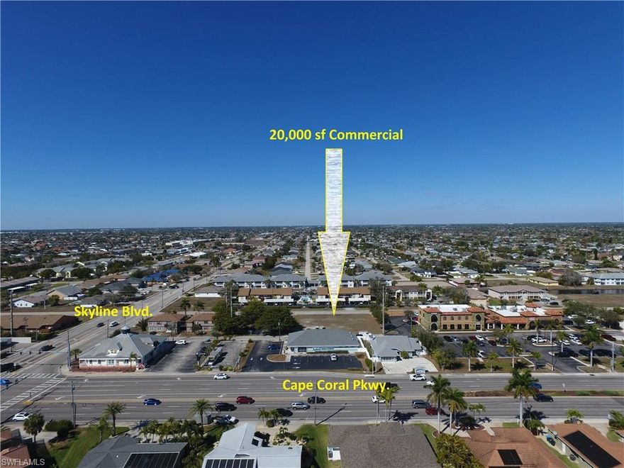 Nearly 1/2 acre of Commercially zoned property located on the northeast quadrant of Cape Coral Pkwy. and Skyline Blvd.  160' of road frontage on SW 47th Terrace, paved alley access for deliveries, Future Land Use is Commercial/Professional, Zoned Commercial, owl zone Yes, water, sewer and irrigation is avaliable.