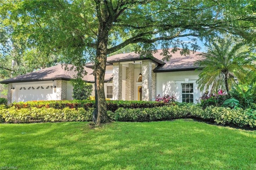 Welcome to this single story, former model home located inside the private gates of Laurel Oaks. This pool home sits on a corner double lot (0.4 acres), and is surrounded by beautiful mature landscaping. The location couldn't be better! Just 20-30 mins from area beaches, as well as shopping: Whole Foods (10 min) Bell Tower Shops (10 min), Coconut Point (15 min), and Gulf Coast Town Center (15 min) drive away. Dreaming of becoming a FL snowbird? The SWFL International airport is a quick 15 min drive, and Punta Gorda Regional airport is a 40 min drive. Well-known area hospitals include Health Park (10 min), Lee Memorial (20 min), and Gulf Coast Medical Center (5 min). The home itself features an incredible outdoor area complete with new marble pool deck, refinished pool, superscreen cage, expansive firepit area, electric hurricane shutters, a large private yard, reverse osmosis water system under kitchen sink, and a whole house carbon water filter and softener. New paint, natural bamboo floor, and newer roof (2017), A/C, hot water heater, kitchen appliances, and pool equipment. Cable and Wifi is included in the HOA dues. Check out the virtual tour link for a full property video.