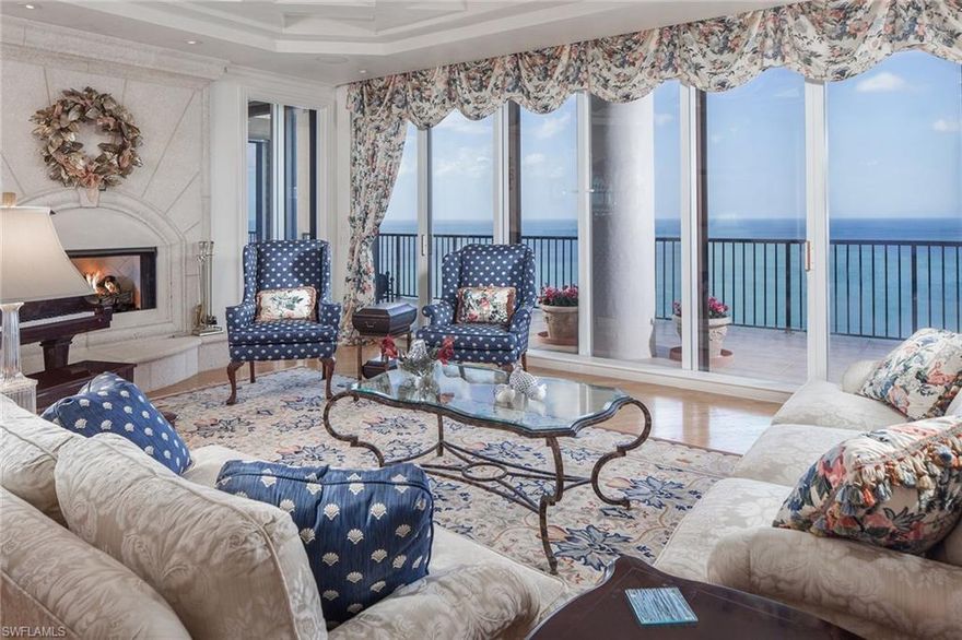 When it comes to views, the sky is the limit from this outstanding top-floor Biltmore Penthouse.
Panoramas span across the Gulf of Mexico, Bay and Naples’ skyline. This 7,100-plus-square-foot residence includes five bedrooms, five-and-a-half baths plus a rooftop terrace, one-bedroom, one-bath guest house, pool and beachside cabana, 10-foot ceilings and balconies galore. The exquisite renovation of the Biltmore lobby and amenities level has just been completed in a stunning transitional style. This is simply a ‘must see’. Private Bay Colony Beach Club included. Golf membership available.