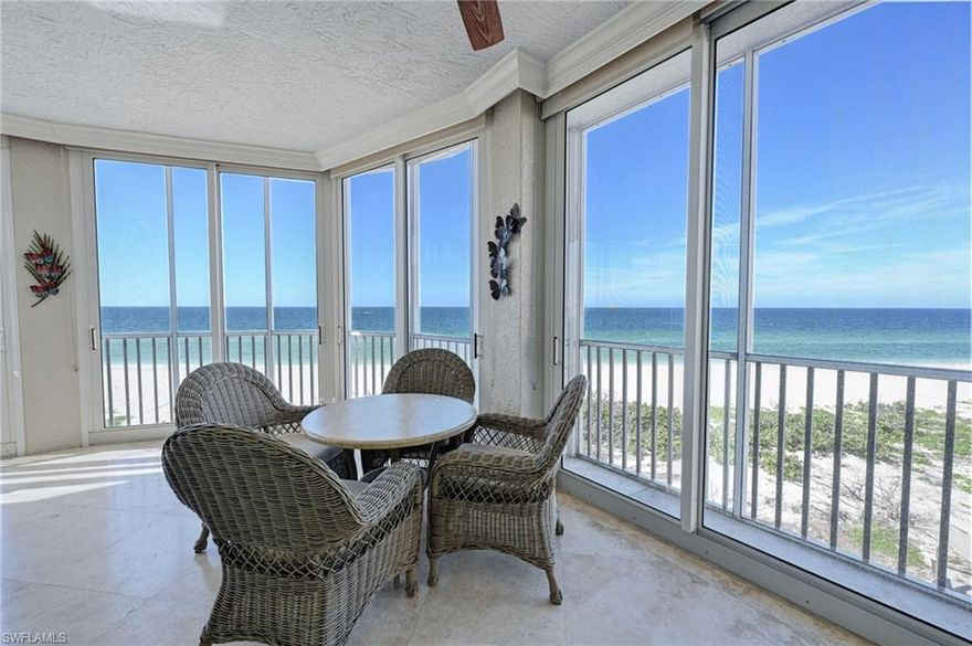 This Barefoot Beach Club direct beachfront 3 bedroom 3 bath end unit offers the best possible views in the best location.  The sweeping Gulf of Mexico views from the lanai include the coastline of Naples, Bonita Beach, Ft. Myers Beach and Sanibel with year round sunsets and stunning night views. Building 263 is perfectly situated with a short walk to the new club with pool and fitness, a short walk to The Club at Barefoot Beach, and the Only building with a swimming pool (a newly designed pool to be installed in 2024). THIS CONDO OFFERS AN IMMEDIATE MEMBERSHIP TO THE CLUB AT BAREFOOT BEACH WITH NO WAIT! (Buyer to pay the current membership fee and all required dues). The Club at Barefoot Beach has undergone a complete renovation/transformation with a new pool and pool house to be constructed in 2024 & offers fine and casual dining, inside and outside bars, service at the beach and future new pool, tennis and a full recreation event calendar.  The condo has been updated, is being sold turnkey furnished and is ready for a quick closing. The pictures show the views of the Gulf from nearly every window and even breakfast sunrises to the east. Barefoot Beach is guard gated with patrols.