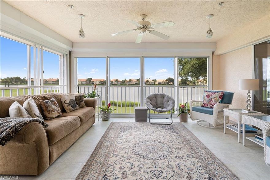 Amazing water view!  Turnkey 2nd floor 2 bedroom/2 bath Winchester model with an open floor plan.  The spacious lanai is enclosed adding over 200 sq feet of living space.  Electric storm shutters.  Well maintained and ready for you!  Detached garage allows you to own your own golf cart!  Worthington is an amenity rich bundled golf community with a recently renovated golf course! The active tennis program offers play for every level and a seasonal pro. Bocce, fitness center, poolside cabana, clubhouse offering dining, dances, cards, trivia, mah jongg the list could go on! Close to the airport, shopping, dining, entertainment and the spectacular gulf beaches. Great seasonal rental history! Don't miss out on this great opportunity to enjoy the Florida lifestyle at Worthington Country Club!