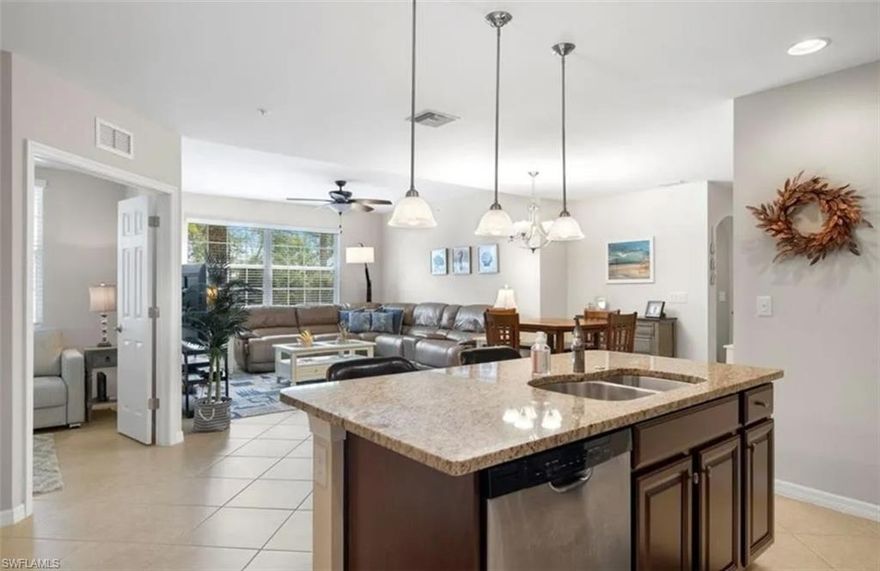 FURNISHED first-floor condo available for ANNUAL LEASE in the gated community of Mirasol in Estero. This 2-bedroom plus den, 2-bath residence features the Osprey floor plan with an open layout and split bedrooms, all on one level. Kitchen includes granite countertops, center island, 42" wood cabinets with under-cabinet lighting, tile backsplash, walk-in pantry, and ample storage. Tile flooring throughout living areas and den. Screened lanai.

Additional features include hurricane impact windows, oversized 2-car garage, large laundry room, multiple linen and storage closets, new roof (2023), and water heater (2020).

Mirasol is a maintenance-free community. Rent includes cable, internet, water, exterior insurance, lawn care, irrigation, and building maintenance. Community amenities include a resort-style pool, spa, bocce court, grilling area, clubhouse with kitchenette, billiards, and fitness room.

Located across the street from Coconut Point with convenient access to shopping, dining, medical facilities, US-41, Southwest Florida International Airport, Naples, and Gulf beaches.