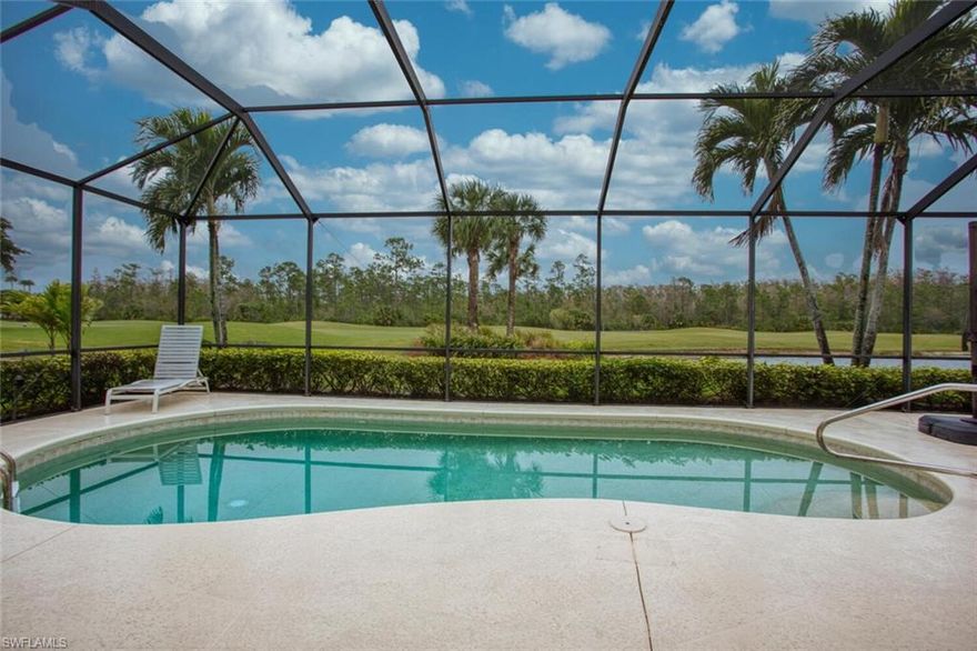 It’s all about the view! Welcome to this exceptional St. Charles model with 4-bedroom, 2-bath home located in the highly sought-after community of Heritage Palms. With its expansive open floor plan, private pool, and oversized lanai, this residence is perfect for both entertaining and everyday living. Offered turnkey. Upon entering, the great room is all sliding glass windows that flood the space with natural light and views of the pool. The spacious living and dining areas seamlessly flow into the kitchen, featuring stainless steel appliances, quartz countertops, warm wood cabinets. A cozy breakfast nook offers a perfect spot for casual meals while enjoying picturesque views of the pool and tropical landscape. This home is all tile, no carpet here! Step outside into an extensive lanai that offers plenty of space for lounging, dining, and enjoying the beautiful Florida weather. The pool is the centerpiece, with plenty of room for sunbathing or enjoying a refreshing swim in total privacy. Nature abounds on this lanai with views the Sabal golf course, a lake and the natural preserve. The primary suite provides a peaceful retreat, with two large walk-in closets, 4-piece bath complete with dual sinks, a soaking tub, and a walk-in shower. Three additional bedrooms offer comfort and privacy for family or guests. For the car enthusiast or anyone in need of extra storage space, the 3-car garage provides ample room for vehicles, tools, and recreational equipment. The floors are finished with epoxy coating and cabinetry plus a tool bench. Heritage Palms is known for its outstanding amenities, including a championship golf courses, tennis courts, fitness center, bocce ball, pickleball and community clubhouse with restaurants. This home offers the perfect combination of serene living and resort-style amenities, all within close proximity to shopping, dining, and the beautiful beaches of Southwest Florida.