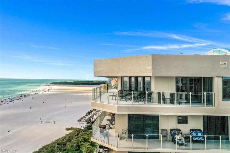 Luxury residence occupies the entire front top floor of The Prince Condominium. Originally built and designed for occupancy by the developer. The lanai, which extends to 1,376 SF with 172 lineal feet of frontage overlooking the 3-1/2 mile crescent shaped Beach. It has wrap-around balcony with ends on both sides for sun or shade from sunrise to sunset. The penthouse is located in the middle of the beach and enjoys views over the deep blue waters of the Gulf of Mexico and the entirety of the pure sand beach. The epitome of luxury is evident in this exquisitely furnished home. Double Master suites and the 3rd BR are ensuite and the 4th BR uses a hall bath. Enjoy an exquisite media room with wood walls and bookcases. The HUGE Great room features floor-to-ceiling windows and sliders overlooking the Gulf and is open and features a working log fireplace. The wet bar is backed with walled mirrors. The Master Suite is split offering a seating area with views of the Gulf, & an ensuite bathroom with Norwegian Rose marble floors and walls, a tub and separate shower. The Chef’s kitchen/good morning room is on the front of this DOUBLE FRONT penthouse taking in Gulf and beach views.