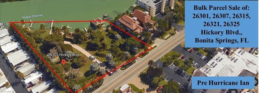 Magnificent five-parcel development opportunity on Bonita Beach along Hickory Boulevard directly across from the Gulf of Mexico. This parcel bundle is just under 1.5 acres and has density for a private oasis OR 11 units. it consists of lots 26301, 26307, 26315, 26321 and 26325 Hickory Boulevard. The parcel bundle includes a legal boat ramp, existing boat docks (as-is), two (2) boat houses, and three (3) submerged land leases. Zoning Verification Letter is available upon request to identify the specific zoning on the parcels, which, at this time, allow for residential units to be placed on the property, as well as potential commercial. The zoning on the parcels indicate MH-1, C-1 and RPD. This property has not been offered for sale since 2009, when the current owner purchased the parcels and has maintained such parcels in pristine condition up until Hurricane Ian removed a great deal of the resort-style vegetation planted on the property. All measurements are approximate.