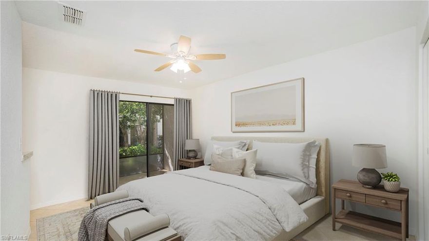 Looking for your opportunity to live in one of the most desirable areas in North Naples? Look no further! This 2 bedroom/2 bathroom condo in Emerald Woods is perfect as a primary residence, vacation home, or investment property, and is PRICED TO SELL. Step inside this first floor unit (no stairs!) to find an open floorplan, updated countertops in the kitchen, and a spacious main living area that flows out onto a screened-in lanai. The large primary bedroom features an ensuite bathroom with a new glass surround shower and rain showerhead, walk-in closet, and a second private screened-in lanai. Both lanais have been re-framed/screened and are surrounded by mature trees and tropical landscaping, providing a serene setting for relaxing. The second bedroom is accessible through pocket doors from the main living area, optimizing space and flexibility. Emerald Woods is a vibrant community offering many social activities, and this unit is located directly across from the clubhouse, community pool, and spa. Surrounded by nature but close to world-class amenities, you can walk or bike to Mercato, Whole Foods, Pelican Bay Community Park, and Vanderbilt Beach. Don't miss your chance to own this fantastic condo in an unbeatable location!
Some photos include virtual staging. *THIS PROPERTY INCLUDES DESIGN SERVICES, MAKING 
UPDATES, AS SHOWN, EASY FOR YOUR BUYER*