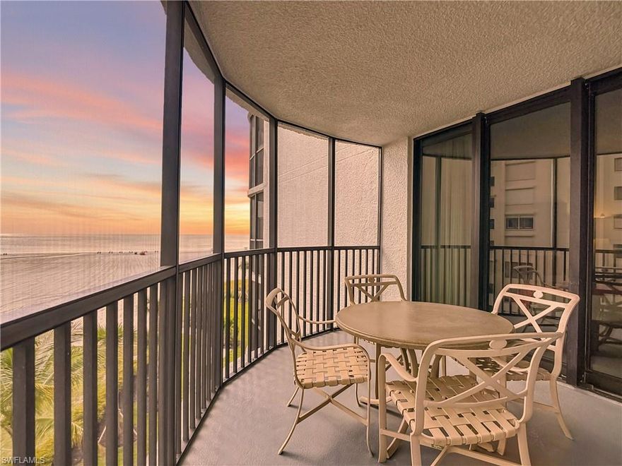 NEW! NEW! NEW! Pointe Estero... Rising high above the white sandy beach. NEWLY REDONE INTERIOR AND EXTERIOR. One of the most upscale and luxurious buildings on the Gulf.  Modern style and luxury are abundant from the moment you enter the lobby of this special property and the high speed twin elevators take you to this 4th floor south corner unit featuring an oversized wrap-around curved balcony with Gulf views from every room! This uniquely designed  two-bedroom, two-bathroom condo is fully furnished with two en suite baths. The main bath has an amazingly spacious and luxurious walk-in, spa-inspired rain shower. The updated open-style kitchen contains all new, quality stainless steel appliances.  Enjoy more privacy and space with only four condos per floor. One-of-a-kind curvilinear modern architecture makes it the most uniquely designed building on the Gulf! Only a short distance from numerous restaurants, shopping, entertainment, and nightlife on the island. A short drive brings you to Bonita and Naples from this south-end location. A tropical oasis leads to the newly redone, resort-style pool and waterfall with large hot tub. New tennis court, New gazebo with grills, and much more! Carefree ownership is made easy through the optional daily on-site rental program for those owners who rent out their unit. You can also live in your condo year-round if you so desire.  Currently the only unit for sale in this complex! Rental income distribution to owners in the Gulf view stack units was approx. $43,000 in after-rental management expenses from the most recent full year of rentals! Every day is a tropical vacation when you are at your residence in Pointe Estero. This building rivals luxury high rises in Naples for half the price.  Don't miss out on this opportunity!
