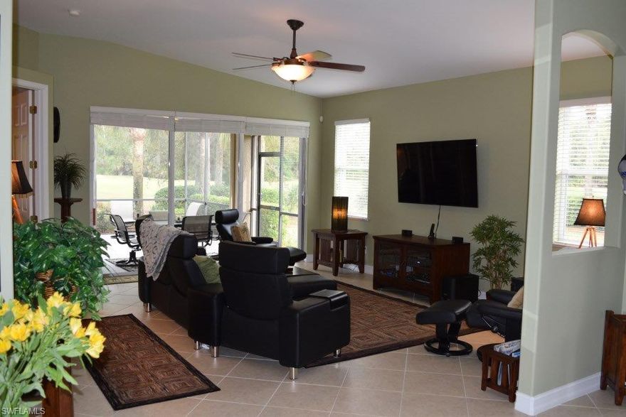 Breathtaking Grand Cottage Home! Wide Pie Shaped Lot and Extended Lanai Enhance the Beautiful Water and Golf Course Views. Somewhere Between the Gourmet Kitchen and Lanai, You Will Absolutely Fall in Love with this Home. Immaculate condition, Light and Bright with Soaring 11 Foot Ceilings make this The Best Buy in Pelican Preserve, not to mention all the Incredible Upgrades: Granite Countertops, 42 Inch Real Wood Cabinetry, Natural Gas, Hurricane Impact Windows and Sliders. What Makes Pelican Preserve So Special? This Award Winning Community Boasts a 70,000 Sq Ft Town Center, Imagine a Social Meeting Place to Make New Friends, World Class Fitness w/Onsite Staff, Tennis Facility, 27 Holes of Championship Golf (GOLF MEMBERSHIP Available and can be negotiated into sale). All furniture and golf cart negotiable. Art Studio, 99 Seat Movie Theater, Amazing Restaurants, Indoor Lap Pool, Perhaps see a Jazz Concert or Pamper Yourself at the Spa... All Without Leaving The Community!