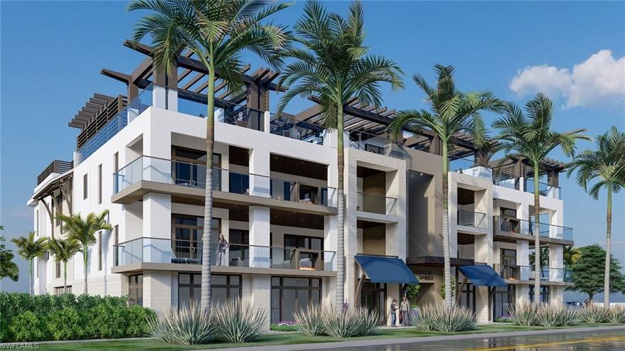 C513 - Four ultra-luxurious residences overlooking Cambier Park in the very heart of Olde Naples. Exciting, new construction opportunity to live just one block south of famed Fifth Avenue South, 8 short blocks to the beach. Coastal contemporary design with highest level finishes and fixtures. Each residence boasts: Over 3,900 sq. ft. of one level, air-conditioned living space + an additional 795 sq. ft. of covered lanai area. Each unit has its own 800 sq. ft. enclosed, three-car garage, a private elevator from ground floor garage, to residence to rooftop. Legno Bastone wide plank wood flooring, Cambria natural Quartz countertops, chef’s kitchen with natural gas, Sub Zero, Wolf 5 burner range, warming drawer, micro, coffee station, custom cabinetry and millwork by renowned woodworkers of Naples. Each unit also enjoys over 1,100 sq. ft. of dedicated, private rooftop living area with kitchen, bar, lounge, firepit & spa. Developed by a team of first-rate architectural, engineering, construction and design professionals. State-of-the-art smart home technology and lighting. A heated pool with water features, tiki bar, rooftop putting green. Backup generators for each unit.