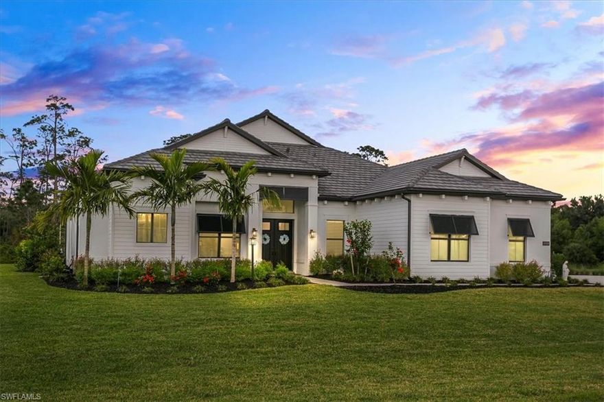 Discover the epitome of luxury living at this prestigious coastal retreat nestled in a secluded enclave near pristine beaches. Crafted in 2022, this exquisite residence boasts 3,469 square feet of meticulously designed living space, all set on a generous .907-acre lot. Situated within an exclusive gated community, privacy is paramount, offering a serene escape from the bustling world outside while ensuring effortless access to nearby conveniences. This enclave is not just a neighborhood—it's a haven for area elites seeking an active lifestyle. Bring your visions for your DREAM POOL and OUTDOOR KITCHEN so you can enjoy the feeling of having your dream pool in your dream home! Amidst a backdrop of lush landscaping and tranquility, this residence invites discerning buyers to experience unparalleled elegance and sophistication. This is the ONLY OAKLEY model with FLEX ROOM on a .907 acre lot available. Quick close options are available. Don't miss out on this rare chance to own a timeless masterpiece in one of the region's most sought-after communities, just minutes to Miromar Outlets, I-75 and an array of shopping, dining and entertainment nearby. All offers warmly welcomed.