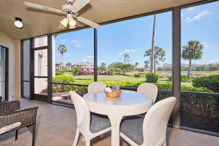 Buy this condo for the remarkable views!! The inviting community pool is just steps away from this first floor, 2 bed/2 bath, fully furnished/turnkey Highlands condo. This unit is set up great for entertaining featuring an open living area with triple sliders out to the screened lanai (perfect for cocktails with friends), open dining area AND breakfast bar, nice sized guest room with full bath that has tile floors and a tub/shower combo. The kitchen has been updated with granite tops, new sink, tile backsplash. The owner's suite features a full bath with granite tops, new cabinetry. The whole condo has been freshly painted including the walls, ceilings and crown moldings. Light, bright and open living and dining. One car carport with storage closet and electrical outlet for golf cart charging. Roofs were replaced in 2023. All this and views of #13 of the Loch Ness golf course. Don't miss this opportunity to own in one of Ft. Myers finest low-density Country Club communities with 36 holes of championship golf, practice facility, two putting greens, clubhouse with fine dining, lighted Har-Tru tennis courts, heated community pool & spa with cabana offering full food and bar service, staffed fitness center, dog park, pickleball & bocce ball courts, very active social calendar. Fiddlesticks is located close to shopping, restaurants, schools, I-75, airport, ball parks and a short drive to the beautiful white sandy beaches. Mandatory $115,000 membership fee due at closing. No CDD fees. Own your own golf cart. NO WAIT LIST HERE.