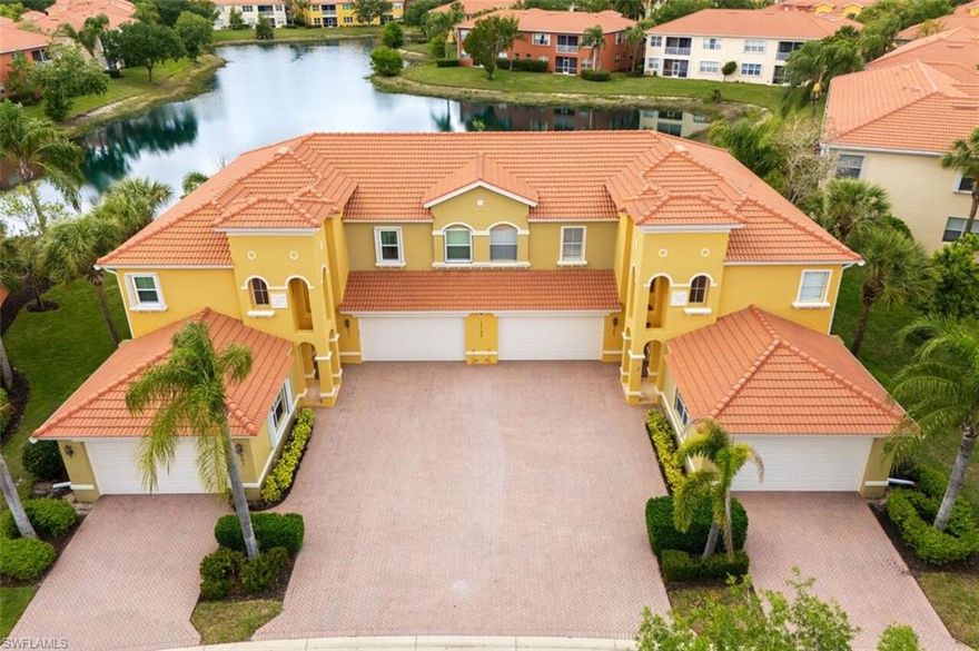 Your chance  for a first floor waterfront end unit in Portofino!   Just steps to the community pool, this Milano floorplan has been modified to turn the formal dining area into a more flexible den.  Light fills the space from the multiple windows and the lake facing lanai.  Tile throughout the public areas.   A large great room and open kitchen have beautiful western water views.  The 2 car garage is just off the laundry area and a large interior storage space.   Dual sinks in the owners bath with a soaking tub.  Walk-in shower in the secondary bath.    New roofs in 2021 and exceptional neighborhood maintenance, Portofino is a hidden gem in the heart of South Fort Myers. Ideally located near the new Publix, Whole Foods, restaurants, and shopping centers, and offers easy access to the international airport and nearby beaches. Additionally, it's nestled between two public golf courses, within walking distance to spring training facilities, and close to the Lee County Bike Trail system. The low HOA fees include basic cable/internet, water, sewer, trash, lawncare and insurance! Best of all, there is no City tax and no CDD fees. Dog friendly neighborhood with no weight limit for your furry friend.