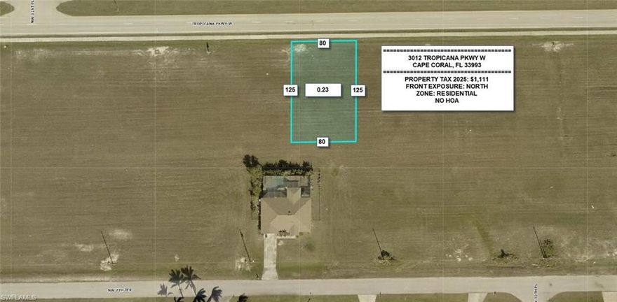 Oversized residential lot located in a desirable NW Cape Coral area. Situated on paved Tropicana Pkwy W with easy access to major roads, shopping, dining, and schools. Ideal for building your custom home or holding as an investment in a rapidly developing neighborhood. No HOA. Enjoy the privacy and growth potential of one of Cape Coral’s fastest-growing areas.