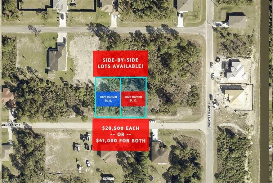 SIDE-BY-SIDE lots available!! The other lot, 1073 Barnett St. E. is also for sale and can be combined with this one! These spacious and dry lots are the perfect canvas for your dream home! Not in a flood zone so no flood insurance required... and not in an HOA, so no HOA fees (or anyone telling you what you can and cannot do!!). They're not only some of the most affordable lots in the area but also an incredible opportunity. Lot prices are on the rise, thanks to the rapid growth of Lehigh Acres. The area is witnessing a surge in new construction projects, and you won't have to travel far for essentials like grocery stores, schools, and other conveniences. For those who love to travel, the Southwest International Airport (RSW) is just a short drive away. And there's no shortage of exciting adventures to embark on, from the beautiful Fort Myers Beach to watching the Red Sox's spring training at JetBlue Stadium or the Twins' spring training at Hammond Stadium. You'll also find a variety of activities nearby, such as Lehigh Acres Community Park North, Lehigh Acres Trailhead Park, and Lee County Manatee Park, which offers a waterfront experience with paved trails, up-close manatee encounters, an amphitheater, and kayak rentals. If you're an outdoor enthusiast, Caloosahatchee Regional Park, spanning nearly 770 acres, boasts mountain biking and hiking trails, campsites, and much more.