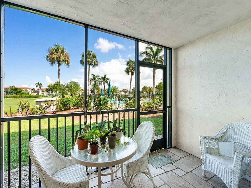Walk out to the pool from this first floor condo located in Beautiful High Point Country Club. Located one mile to the beach, 2.5 miles to downtown Naples=EXCELLENT location. This condo is move in ready, tile and hard wood floors throughout--no carpet! Located on the first floor, close walking distance to the club house and tennis/pickleball where you can enjoy golf/tennis/pickleball daily, no waiting in line. If you are looking for a fun affordable place to spend your retirement years, you have found it. Beers in the pro shop are only $1.50, wine slightly more. Where else can you find such an affordable place so near to the beach, downtown and surrounded by the best shopping and restaurants Naples has to offer? This is Naples Best Kept Secret.