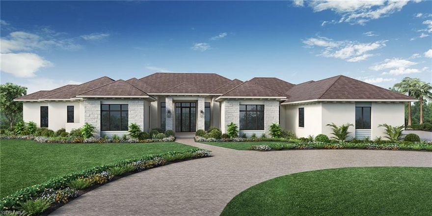 A one of a kind home nearing completion in Wildblue situated on one of the largest waterfront lots, 18384 Blue Eye Loop does more than just impress featuring Stock Custom Home “Calista” model, this estate lot offers a coastal lake-house style residence mixed with luxury and sophistication, an unparalleled living experience offered FURNISHED, designed by Soco Interiors. Fabulous open style living at it’s finest with 5,486 SF of under air living, 4 Bedrooms, 4 full bathrooms, 3 half bathrooms, 4 -car epoxy floored garage with circular driveway & 2 covered terraces. Textured organic materials and warm woods are featured throughout also including shiplap walls, cypress ceilings, wide plank wood flooring, custom built-ins, impact rated doors & windows, spray foam insulation, 2 tankless hot water heaters, solid core doors, home automation tray ceilings, climate controlled wine room & so much more! Every detail of this residence is meticulously crafted with the utmost high-end finishes to create a genuine coastal look. The spacious open chef’s kitchen includes natural gas stove, large seating Quartz island, Quartz countertops & full height backsplash, Sub-Zero & Wolf appliances. The adjacent dining and living areas offer stunning views of the waterfront, creating a serene and inviting atmosphere. Private Library or office space includes resin beams in tray ceiling, custom built-ins & wide plank tongue & groove feature wall. The master suite offers a relaxing retreat, with high vaulted coffered ceilings, custom walk-in master closets. Inviting master bath features a free-standing tub, custom walk-in shower, dual sinks & separate water closets. Paradise found right in your own backyard! The panoramic screened lanai spans the entire width of the house featuring a heated saltwater pool & spa, sun shelf & fire/water bowls. Warm up around the square stone fire-pit for those cooler Florida nights. Resin beams & tongue and groove at outdoor ceiling. The outdoor kitchen and tile-clad fireplace area are perfect for hosting gatherings & creating unforgettable memories with family and friends. Subzero under counter refrigerator & ice maker also featured. Residents of Wildblue enjoy a wealth of resort style amenities featuring over 800 acres of freshwater lake, 8 pickleball courts, exercise room, lap pool, spa, clubhouse, tennis, spa, nail salon, kayak & boat launch, walking trails, outdoor grille, bar & much more! With no expense being spared, this exquisite residence represents a rare opportunity to experience the best that Southwest Florida has to offer. This ultimate NW facing waterfront estate lot offers stunning fresh water lake views and a tranquil setting, making this residence a true oasis. Experience the ultimate in luxury living where every detail is designed to provide an unparalleled lifestyle of elegance and comfort.