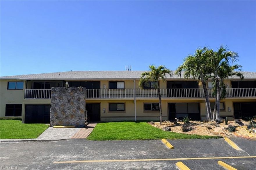 AWESOME Location, near Veterans Memorial Bridge!   Get to FM in a few short minutes.   Super Easy Access to Del Prado Blvd North or South, and Veteran's Bridge going West or East(to Ft.Myers).  Spacious and Clean with Brand New Windows and Sliding Glass door from Master BR.   Master BR also includes a Walk-In Closet.   2nd BR can also be the MBR with a Walk-In Shower.   Water is Included in the Monthly Rent !
2nd Floor Unit with Nobody living above you.  Community Pool is just a few steps from the Private Screened front porch.   2 Assigned Parking Spaces!   Application Fee for all Adult Applicants.