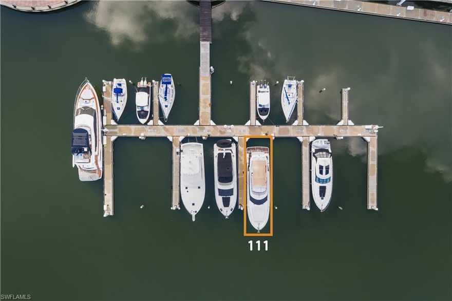 Fantastic Opportunity to Own in the Coveted Esplanade Marina! Located in the heart of Marco Island, this 45-foot boat slip (with a maximum vessel length of 50 feet and 19-foot beam) is just steps from convenient parking—making loading and provisioning your vessel incredibly convenient. Perfect for deeper-draft boats, the slip sits in well-protected waters with quick access to the Gulf, approximately 20 minutes at idle speed. The Esplanade Shoppes, grocery stores, and marine supply stores are all within walking distance, and you'll love the spectacular sunsets from this prime location. Slip amenities include water, Wi-Fi, cable, 50-Amp shore power, pump-out service, gated security, and a dedicated on-site dockmaster. Owners also enjoy access to the Captain’s Lounge with restrooms, showers, and laundry facilities. The floating concrete docks are known for their storm resilience, providing peace of mind. Rentals are allowed, offering great potential for supplemental income when you're not using the slip. Whether you're a seasonal boater or year-round enthusiast, don't miss this chance to own in one of Marco Island’s finest marinas!