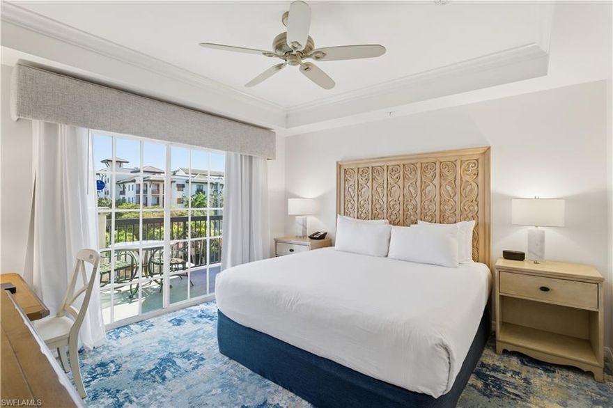 Rarely offered studio residence in Bellasera, one of only ten studios in the entire community. Located on a private-access floor with an elevator that opens exclusively to the studio corridor, this thoughtfully designed space features an open bedroom–living area, generous closet storage, and a full bathroom. A private balcony overlooks the resort-style pool and courtyard, providing a relaxing setting for owners and guests. Offered turnkey furnished for immediate use.
Bellasera is a boutique condominium hotel situated just minutes from Fifth Avenue South, Tin City, the Naples Design District, and the Gulf beaches. Residents and guests enjoy concierge services, shuttle transportation, a heated pool and spa, fitness center, bike rentals, and on-site dining at The Claw Bar and The London Club.
Owners may occupy the residence for up to 150 days per year and may elect to join the on-site rental program or manage longer-term rentals independently, consistent with community guidelines. A streamlined, low-maintenance opportunity in a prime downtown Naples location.